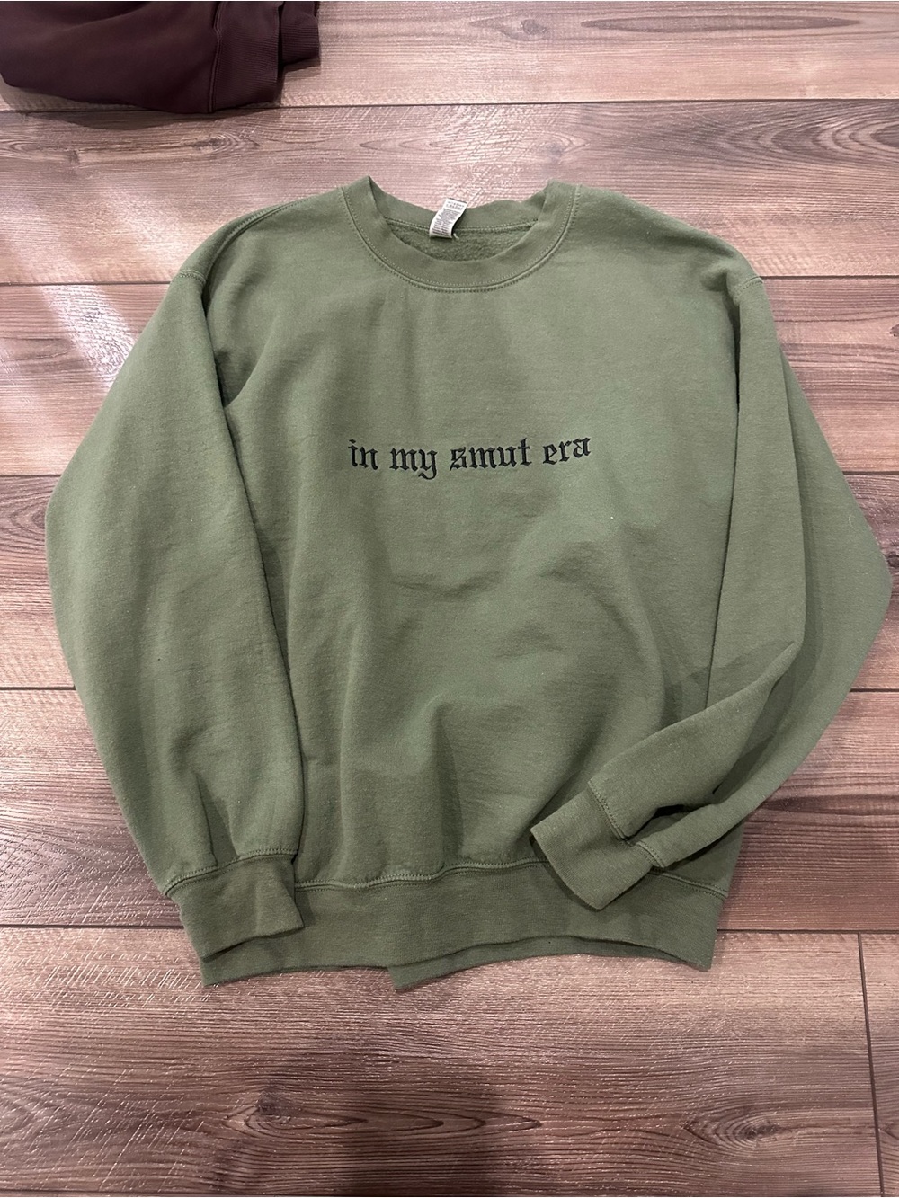 Gildan Olive Green Crewneck Sweatshirt with Black Embroidered Slogan